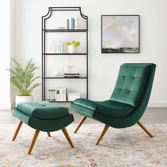 Hotwells Lounge Chair and Ottoman Set by Evans & Londeen in green. Made from seat cushion is 67lbs, m3, m3 density foam, m3 density foam. seat, back cushions are unremovable, 100% polyester yuhua fabric, solid wood, plywood, bee