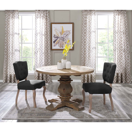 Aurora Round Dining Table by Evans & Londeen in brown. Made from old pine with pattern, brown wood in a traditional style.
