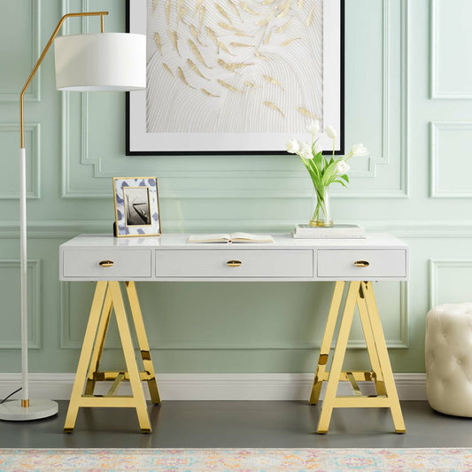 Aguadilla Office Desk by Evans & Londeen in gold white. Made from eei-3861-gld-whi-1: top 15mmt mdfwith white high gloss painting, .eei-3861-gld-whi-2: #201 stainless steel with size 40*40*1.2, chrome gold, 8 pcs pf foot pins in