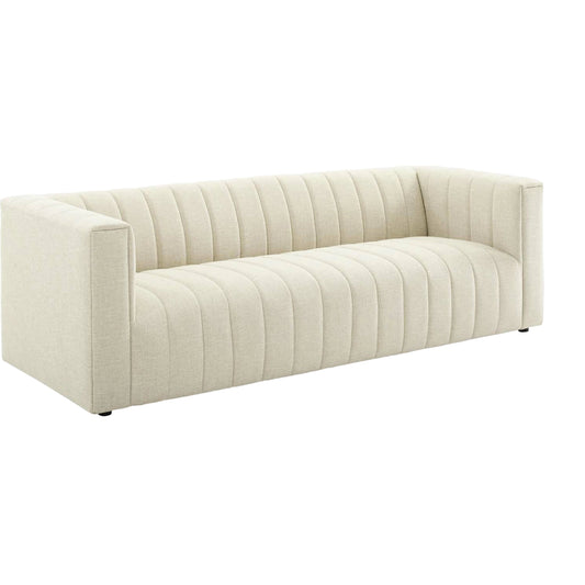 Levy Channel Sofa by Evans & Londeen. Made from back cushion foam density, yuhua fabric, 100% polyester lhy light grey, murphy charcoal, black plastic legs, spring pocket inside the seat cushion in a modern style.