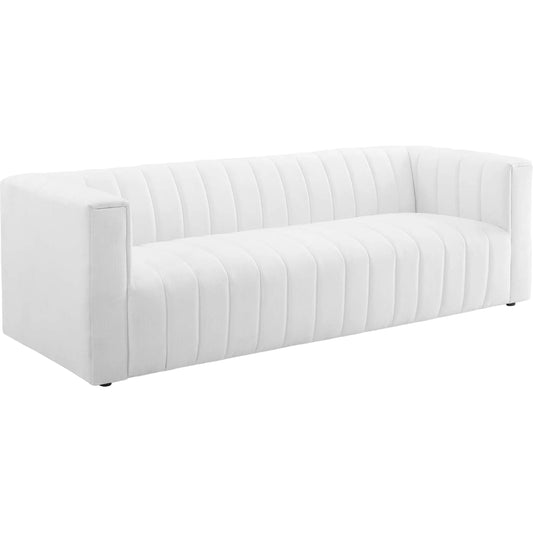Levy Channel Sofa by Evans & Londeen. Made from back cushion foam density, yuhua fabric, 100% polyester lhy light grey, murphy charcoal, black plastic legs, spring pocket inside the seat cushion in a modern style.