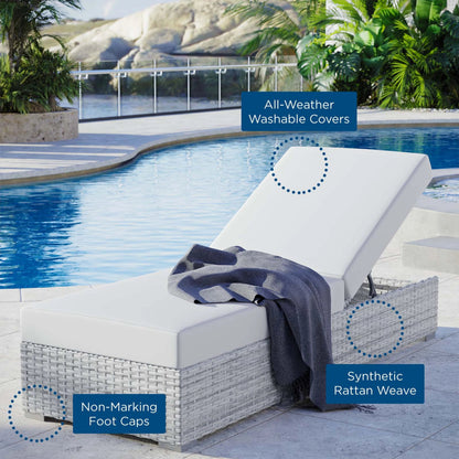 Amelia Chaise by Evans & Londeen in light gray white. Made from seat cushion is 30*47*5 in, seat cusion: all the nov-woven bags are waterproof. 6pcs polished 201 stainless steel l leg with size 4.5*4.5*1in. 2pcs #201 stai