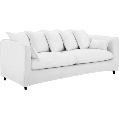 Cleburne Slipcover Sofa by Evans & Londeen in white. Made from wood frame, zigzag spring, foam density 32kgs, m3, spring package 76*44.5*6.5cm*φ1.9=2, 100% polyester, plastic legs in black color, with white foot pins in a mo