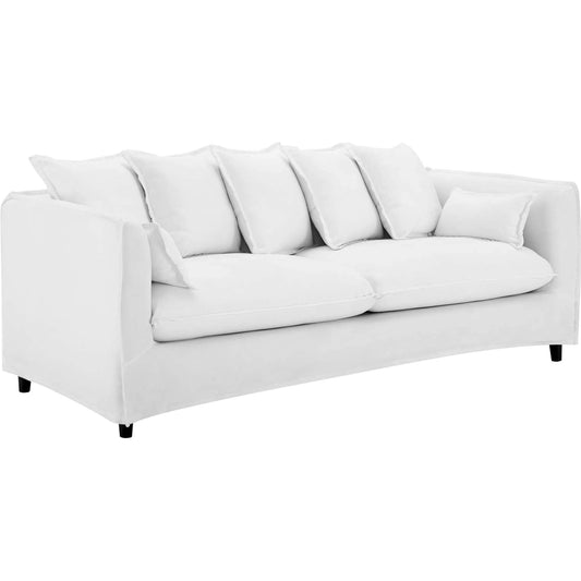 Cleburne Slipcover Sofa by Evans & Londeen. Made from wood frame, zigzag spring, foam density 32kgs, m3, spring package 76*44.5*6.5cm*φ1.9=2, 100% polyester, plastic legs in black color, with white foot pins in a modern styl