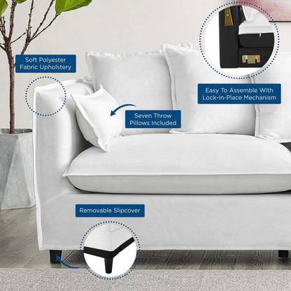 Cleburne Slipcover Sofa by Evans & Londeen in white. Made from wood frame, zigzag spring, foam density 32kgs, m3, spring package 76*44.5*6.5cm*φ1.9=2, 100% polyester, plastic legs in black color, with white foot pins in a modern 