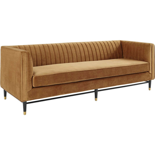 Harrison Channel Sofa by Evans & Londeen in cognac. Made from yuhua velvet fabric, 100% polyester, m3, 60mmt foam density, non-woven fabric cover, rubber wood legs painted in black in a modern style.