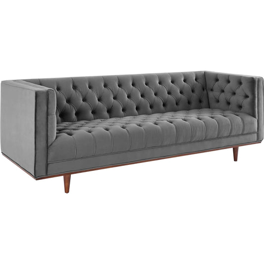Carbon Sofa by Evans & Londeen in gray. Made from 2int foam density 62lbs, m3, 2.5int foam density 67lbs, 1int foam density 40lbs, silk cotton, non-woven fabric cover, rubber wood legs, wood frame, legs is with walnut #12 le