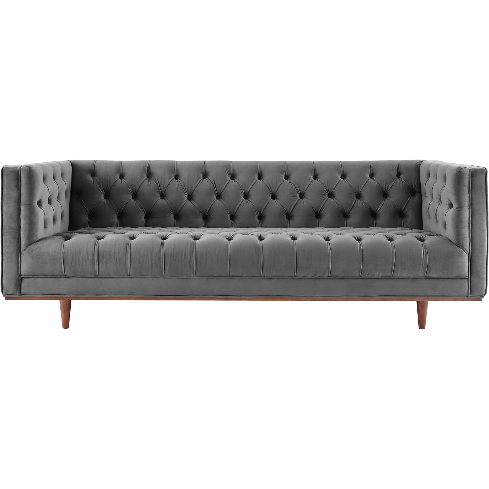 Carbon Sofa by Evans & Londeen in gray. Made from 2int foam density 62lbs, m3, 2.5int foam density 67lbs, 1int foam density 40lbs, silk cotton, non-woven fabric cover, rubber wood legs, wood frame, legs is with walnut #12