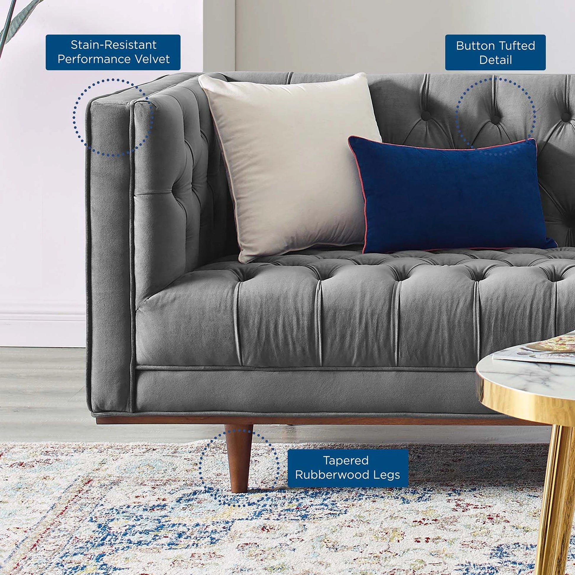 Carbon Sofa by Evans & Londeen in gray. Made from 2int foam density 62lbs, m3, 2.5int foam density 67lbs, 1int foam density 40lbs, silk cotton, non-woven fabric cover, rubber wood legs, wood frame, legs is with walnut #12 leg, 