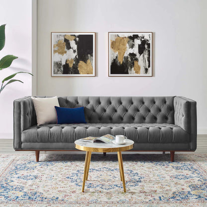 Carbon Sofa by Evans & Londeen in gray. Made from 2int foam density 62lbs, m3, 2.5int foam density 67lbs, 1int foam density 40lbs, silk cotton, non-woven fabric cover, rubber wood legs, wood frame, legs is with walnut #12 leg, 