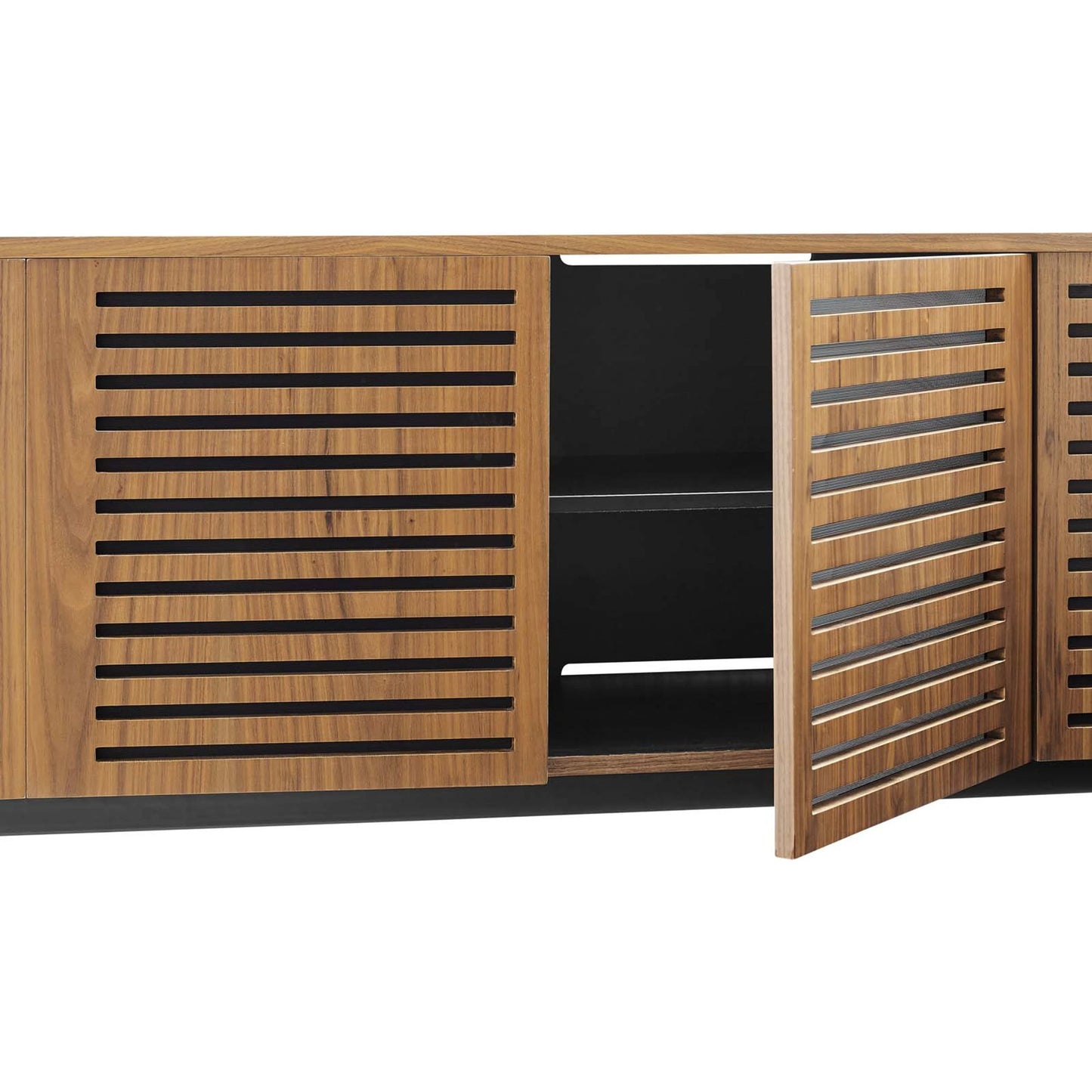 002 SI-1928181 | Closeup | Henry 73" TV Stand by Evans & Londeen in walnut. Made from the body is 0.5in mdf with walnut wood veneer, legs is 40*20*1.2mm iron tube powder coated in black color in a modern style.