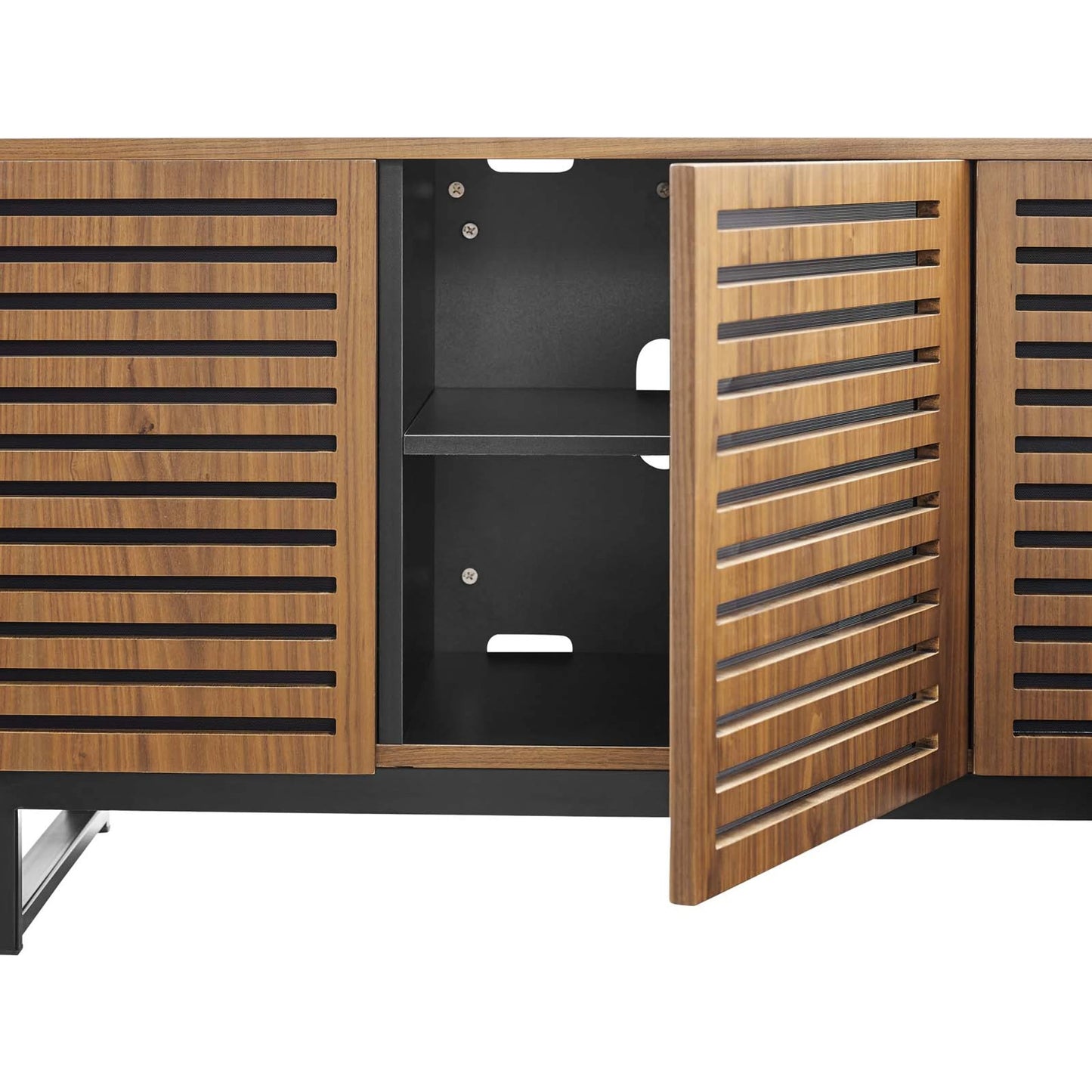 002 SI-1928182 | Closeup | Henry 55" TV Stand by Evans & Londeen in walnut. Made from the body is 18mm mdf with walnut wood veneer, legs is 40*20*1.2mm iron tube powder coated in black color in a modern style.