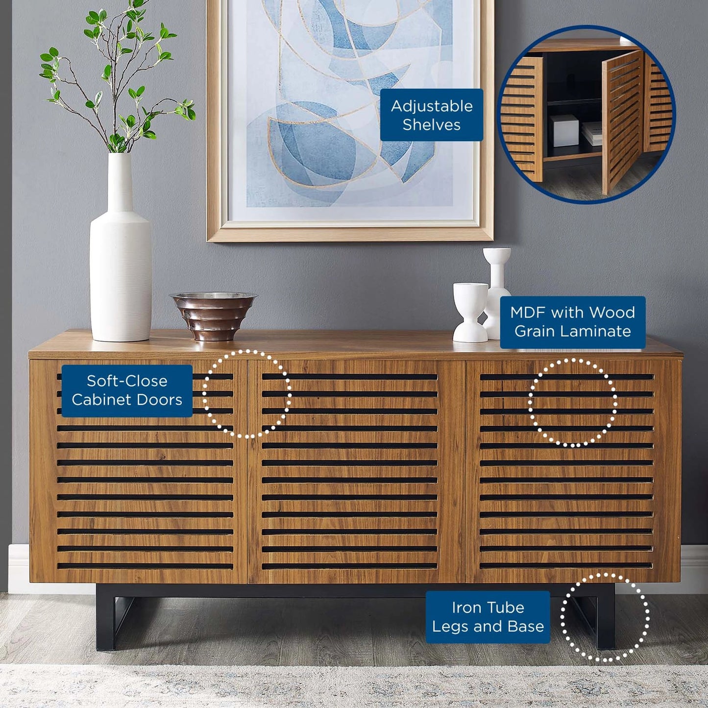 003 SI-1928182 | Closeup | Henry 55" TV Stand by Evans & Londeen in walnut. Made from the body is 18mm mdf with walnut wood veneer, legs is 40*20*1.2mm iron tube powder coated in black color in a modern style.