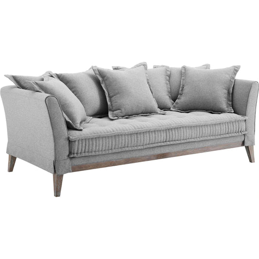 Wabush Sofa by Evans & Londeen in white. Made from 2int foam density 62lbs, m3, 3int foam density 67lbs, 1int foam density 40lbs, silk cotton, non-woven fabric cover, 7pcs of pillows with size 23.5*23.5in.filling with fiber,