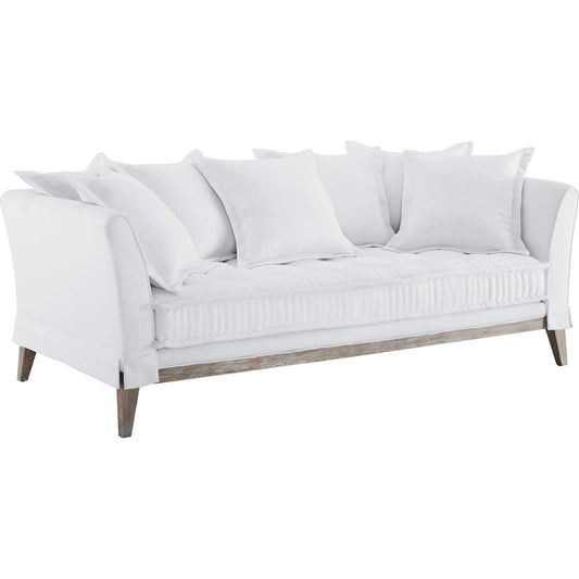 Wabush Sofa by Evans & Londeen in white. Made from 2int foam density 62lbs, m3, 3int foam density 67lbs, 1int foam density 40lbs, silk cotton, non-woven fabric cover, 7pcs of pillows with size 23.5*23.5in.filling with fiber,