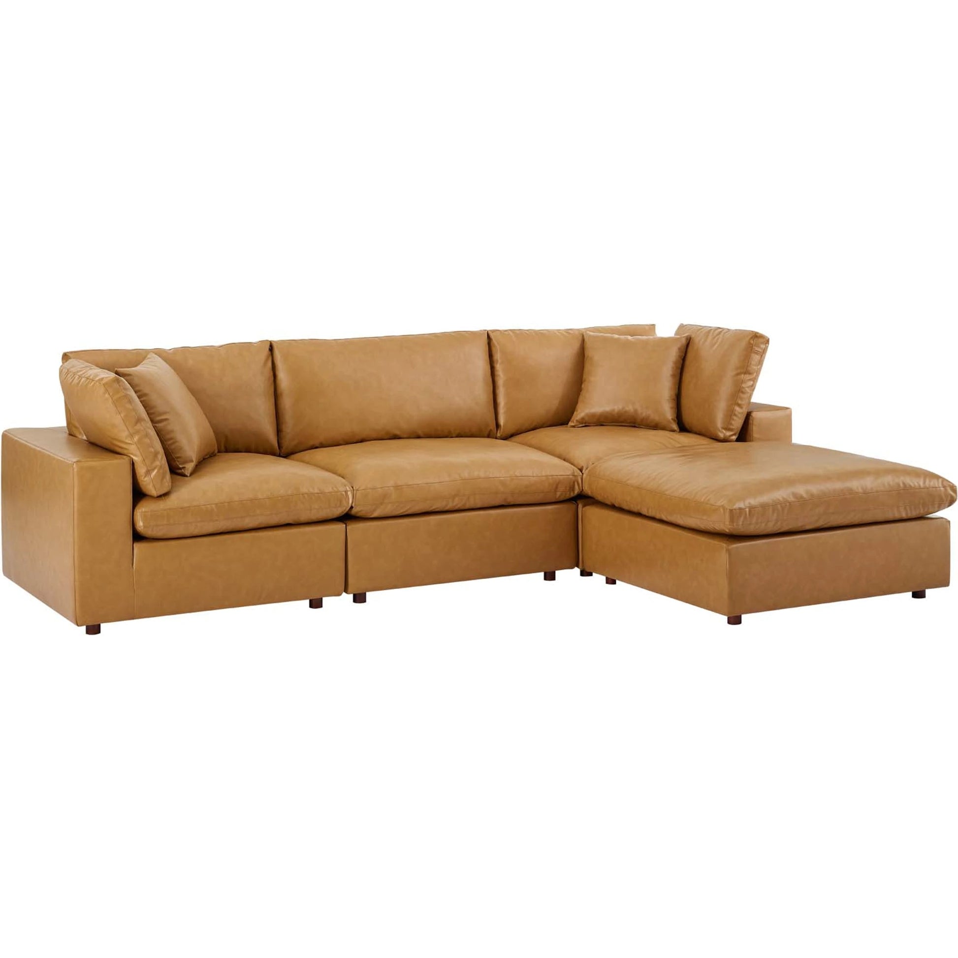 Wheatland Down Filled Overstuffed Vegan 4-Piece Sectional Sofa by Evans & Londeen in tan. Made from solid wood, plastic foot pad, spring pocket, m3 density foam, seat cushion: doll cotton 50%, down feather 50% in a modern style.