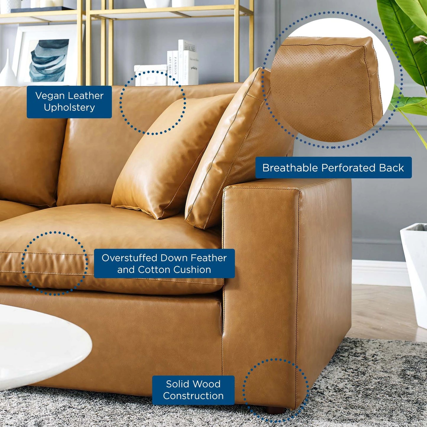 002 SI-1928385 | Closeup | Wheatland Down Filled Overstuffed Vegan 4-Piece Sectional Sofa by Evans & Londeen in tan. Made from solid wood, plastic foot pad, spring pocket, m3 density foam, seat cushion: doll cotton 50%, down feather 50% in a modern style.