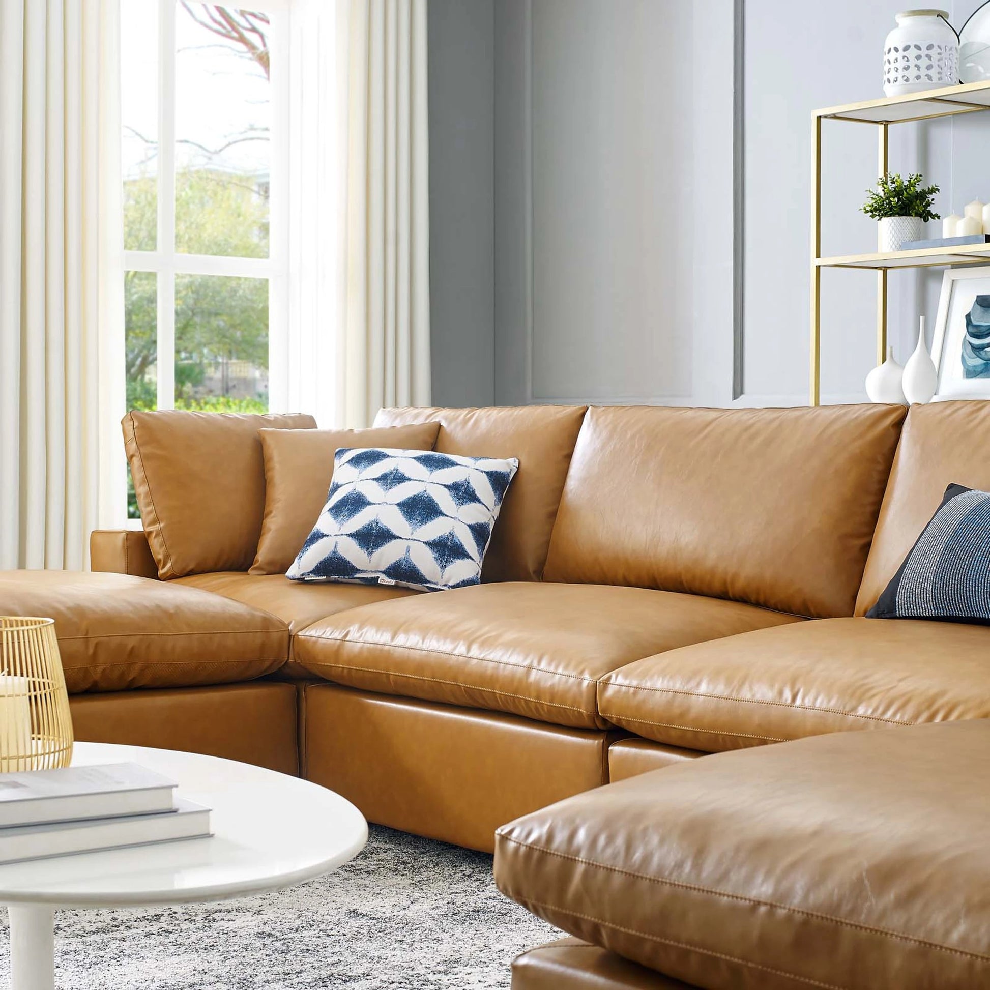 Wheatland Down Filled Overstuffed Vegan 6-Piece Sectional Sofa by Evans & Londeen in tan. Made from solid wood, plastic foot pad, spring pocket, m3 density foam, seat cushion: doll cotton 50%, down feather 50% in a modern style.
