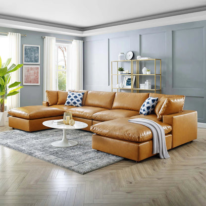 Wheatland Down Filled Overstuffed Vegan 6-Piece Sectional Sofa by Evans & Londeen in tan. Made from solid wood, plastic foot pad, spring pocket, m3 density foam, seat cushion: doll cotton 50%, down feather 50% in a modern style.