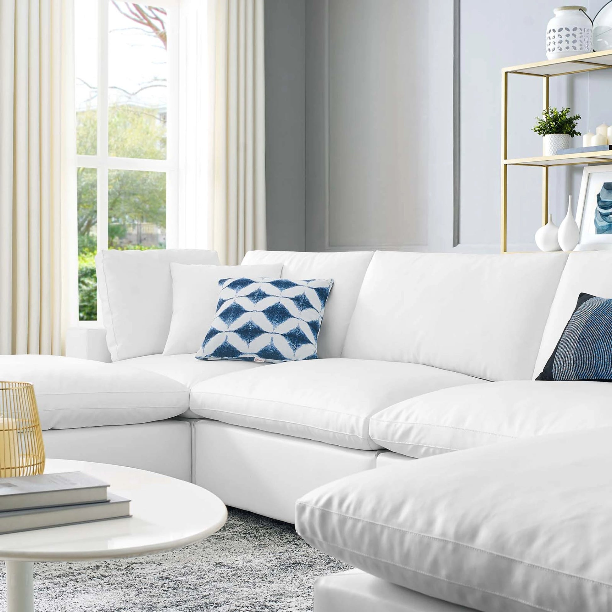 Wheatland Down Filled Overstuffed Vegan 6-Piece Sectional Sofa by Evans & Londeen in tan. Made from solid wood, plastic foot pad, spring pocket, m3 density foam, seat cushion: doll cotton 50%, down feather 50% in a modern style.