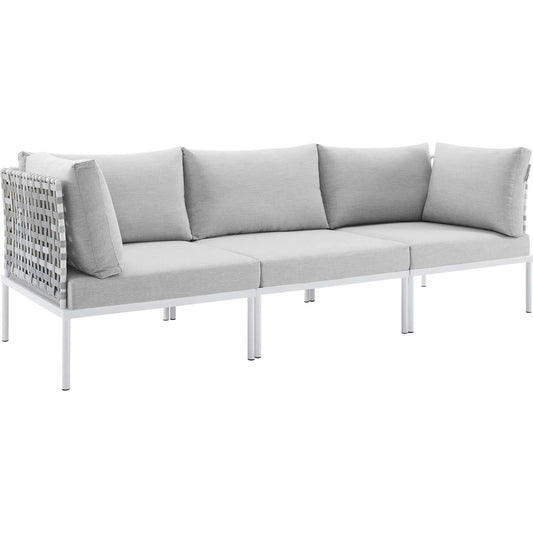 Bakewell Sunbrella® Basket Weave Aluminum Sofa by Evans & Londeen in taupe navy. Made from back cushion is 1300g polyester fiber, 1000g polyester fiber.cushion : 2cmt 300g silk wadding in up, down, m3 density foam in the mid