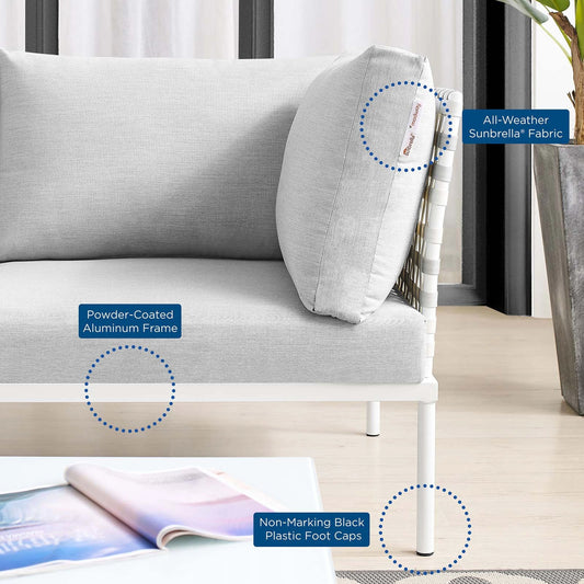 Bakewell Sunbrella® Basket Weave Aluminum Sofa by Evans & Londeen in taupe navy. Made from back cushion is 1300g polyester fiber, 1000g polyester fiber.cushion : 2cmt 300g silk wadding in up, down, m3 density foam in the mid