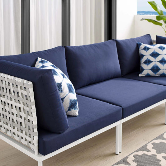 Bakewell Sunbrella(r) Basket Weave Aluminum Sofa by Evans & Londeen in taupe navy. Made from back cushion is 1300g polyester fiber, 1000g polyester fiber.cushion : 2cmt 300g silk wadding in up, down, m3 density foam in the midd