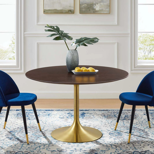 Halstead 47" Wood Dining Table by Evans & Londeen in gold cherry walnut. Made from powder coated steel with white high gloss finish, cement inside of the round metal sheet, water proof eva for bottom, 2.5cm mdf painted wood top