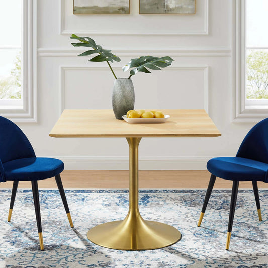 Halstead 40" Wood Square Dining Table by Evans & Londeen in gold natural. Made from powder coated steel with white high gloss finish, cement inside of the round metal sheet, water proof eva for bottom, 2.5cm mdf painted wood to