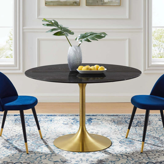 Halstead 47" Artificial Marble Dining Table by Evans & Londeen in gold black. Made from faux marble, back connected with 2.5cm mdf board, powder coated steel with white high gloss finish, cement inside of the round metal sheet,