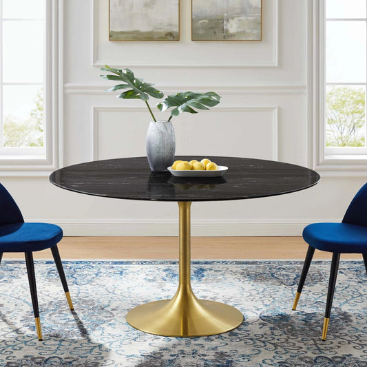 Halstead 54" Artificial Marble Dining Table by Evans & Londeen in gold black. Made from faux marble, back connected with 2.5cm mdf board, powder coated steel with white high gloss finish, cement inside of the round metal sheet,