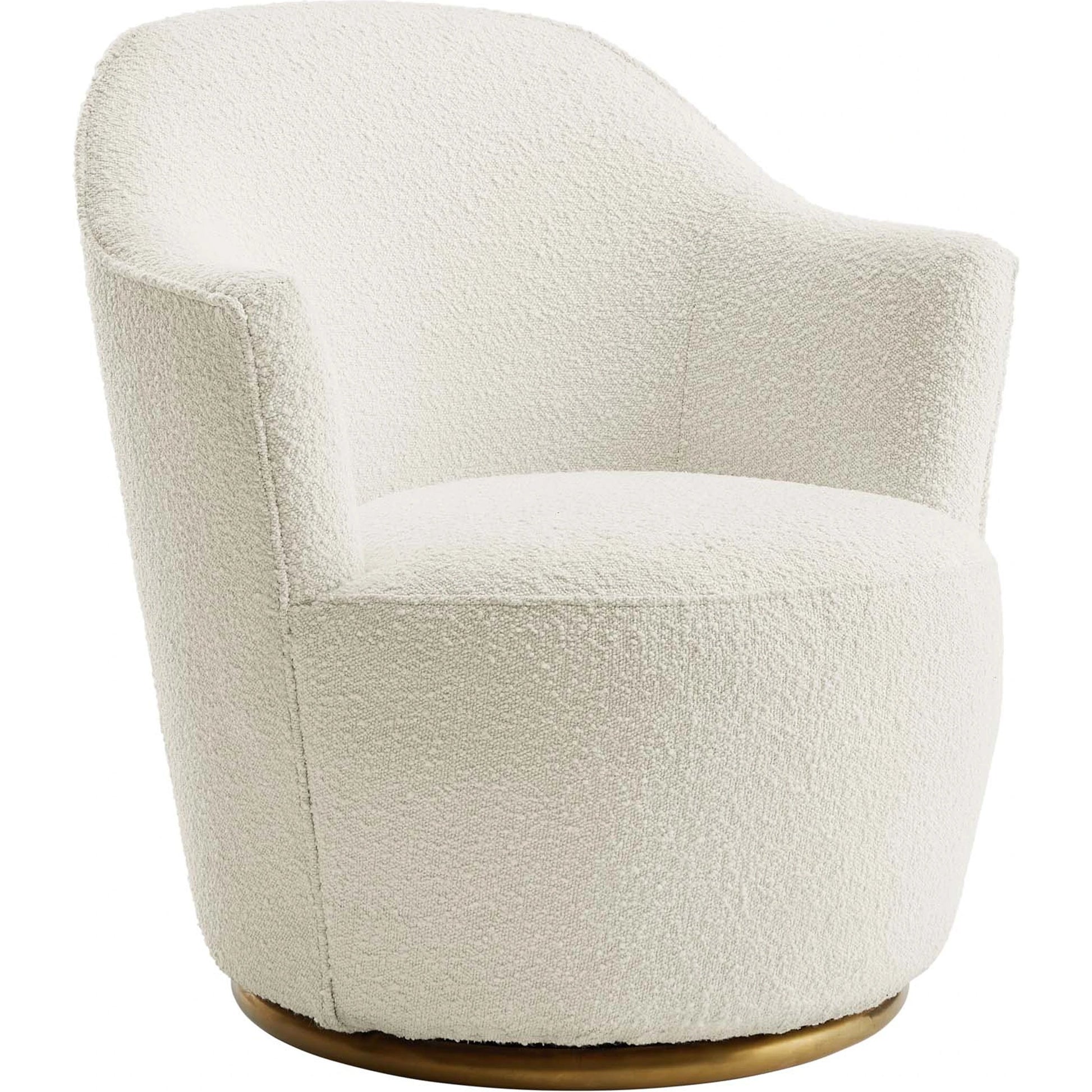 Cherokee Boucle Swivel Chair by Evans & Londeen in white. Made from seat cushion: 13mmt foam (28kgs, spring pocket, no-sag spring, back:elastic bandage, 2 layer foam of 3mmt, 2mmt with density (28kgs, plywood, stainless stee