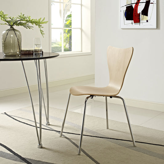 Aiden Dining Side Chair by Evans & Londeen. Made from painted bentwood plywood, artificial walnut veneer, chrome-plated steel leg in a modern style.