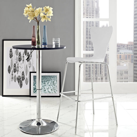 Aiden Wood Bar Stool by Evans & Londeen in white. Made from painted bentwood plywood, artificial walnut veneer, chrome-plated steel leg in a modern style.