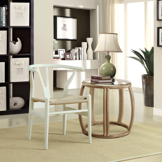 Argyll Dining Chair by Evans & Londeen in white. Made from elm frame, wood, seat weaved dia 4mm paper rope, white foot caps in a modern style.