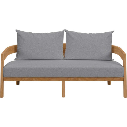 Hazelton Teak Wood Loveseat by Evans & Londeen. Made from teak wood, polyester, mesh sling, plastic tack glides, stainless steel in a modern style.
