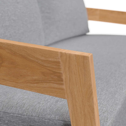 Hazelton Teak Wood Loveseat by Evans & Londeen. Made from teak wood, polyester, mesh sling, plastic tack glides, stainless steel in a modern style.