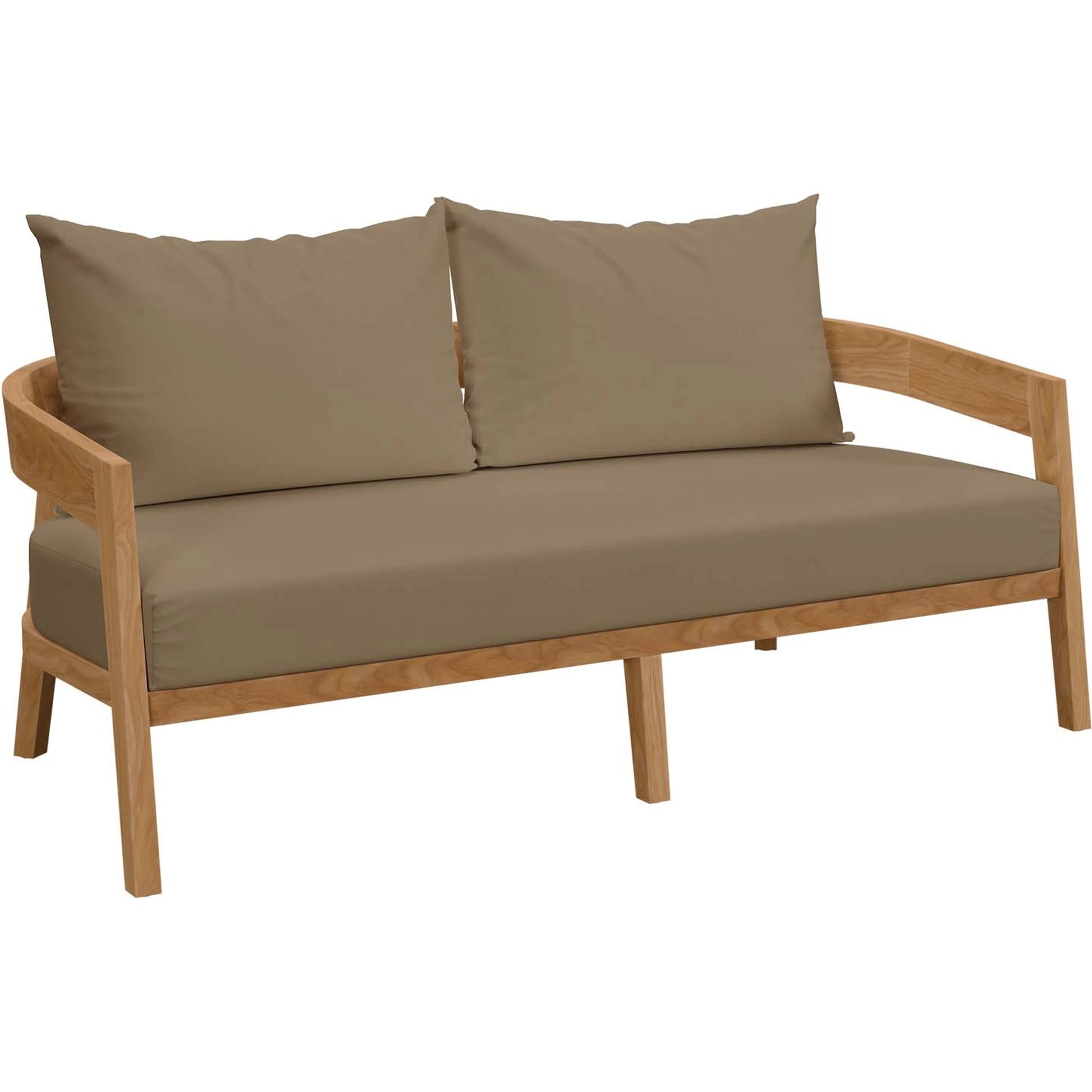 Hazelton Teak Wood Loveseat by Evans & Londeen. Made from teak wood, polyester, mesh sling, plastic tack glides, stainless steel in a modern style.