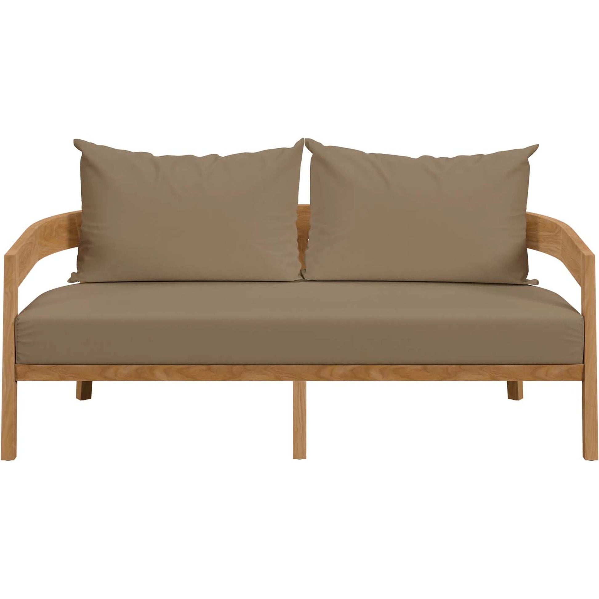 Hazelton Teak Wood Loveseat by Evans & Londeen. Made from teak wood, polyester, mesh sling, plastic tack glides, stainless steel in a modern style.