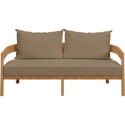 Hazelton Teak Wood Loveseat by Evans & Londeen. Made from teak wood, polyester, mesh sling, plastic tack glides, stainless steel in a modern style.