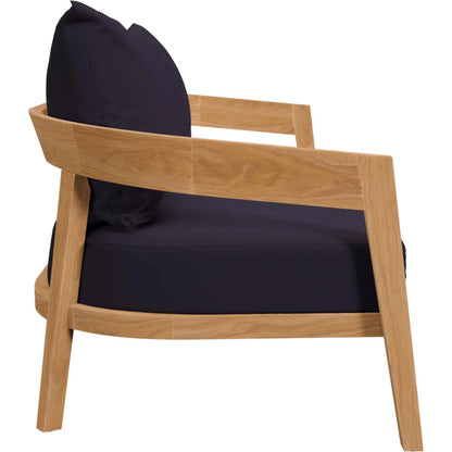 Hazelton Teak Wood Loveseat by Evans & Londeen. Made from teak wood, polyester, mesh sling, plastic tack glides, stainless steel in a modern style.