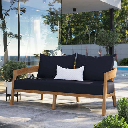 Hazelton Teak Wood Loveseat by Evans & Londeen. Made from teak wood, polyester, mesh sling, plastic tack glides, stainless steel in a modern style.