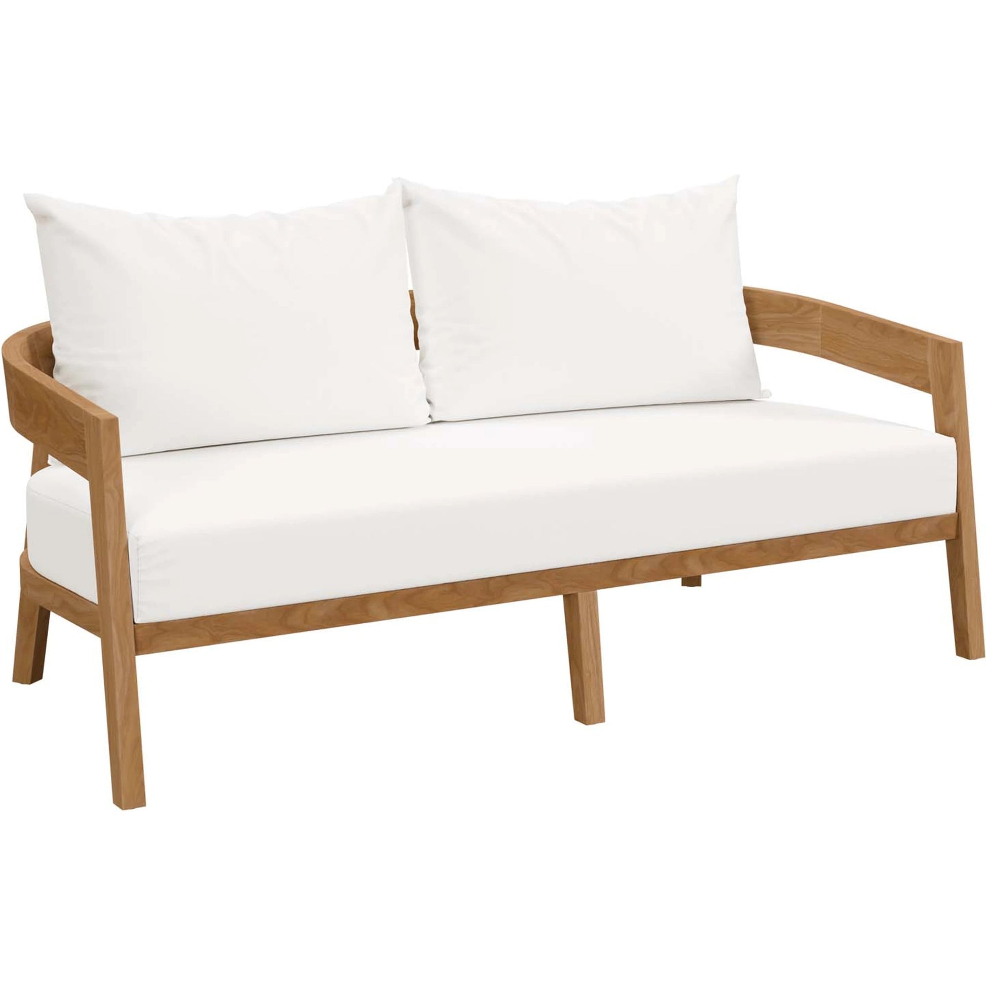 Hazelton Teak Wood Loveseat by Evans & Londeen. Made from teak wood, polyester, mesh sling, plastic tack glides, stainless steel in a modern style.