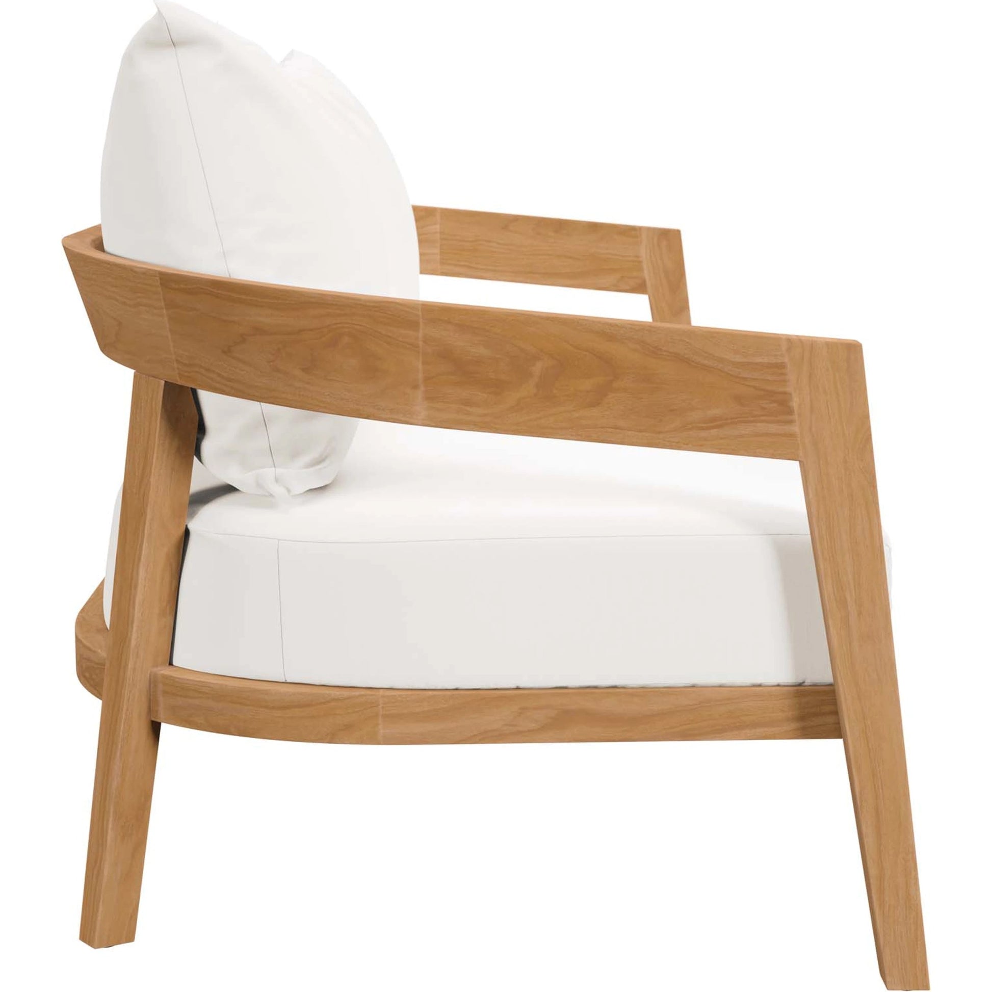 Hazelton Teak Wood Loveseat by Evans & Londeen. Made from teak wood, polyester, mesh sling, plastic tack glides, stainless steel in a modern style.