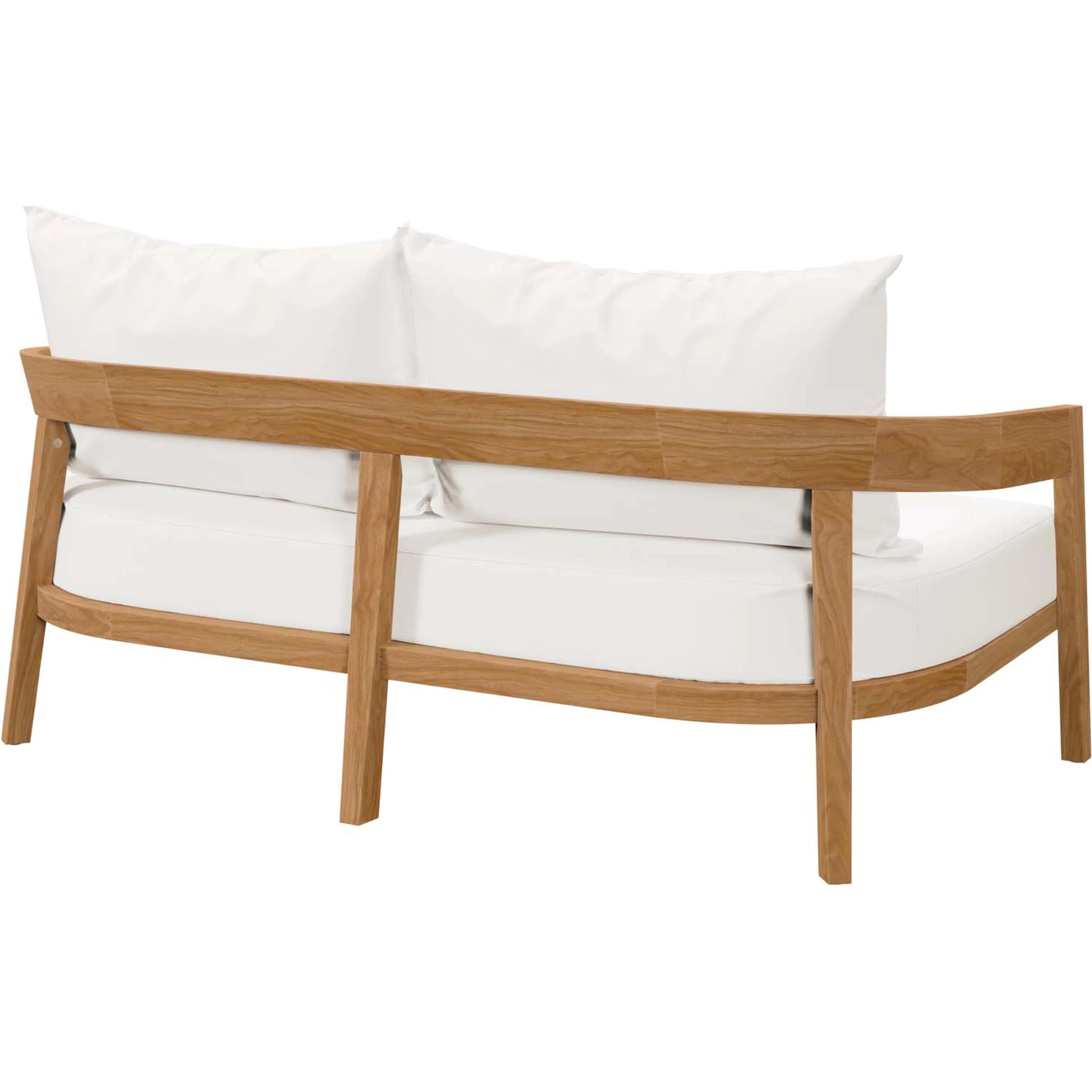 Hazelton Teak Wood Loveseat by Evans & Londeen. Made from teak wood, polyester, mesh sling, plastic tack glides, stainless steel in a modern style.