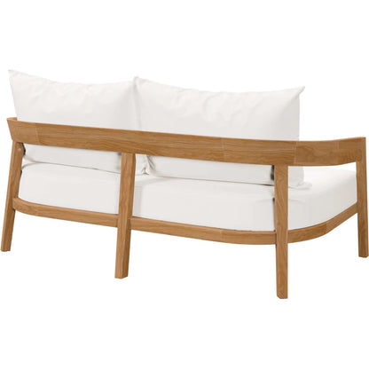 Hazelton Teak Wood Loveseat by Evans & Londeen. Made from teak wood, polyester, mesh sling, plastic tack glides, stainless steel in a modern style.