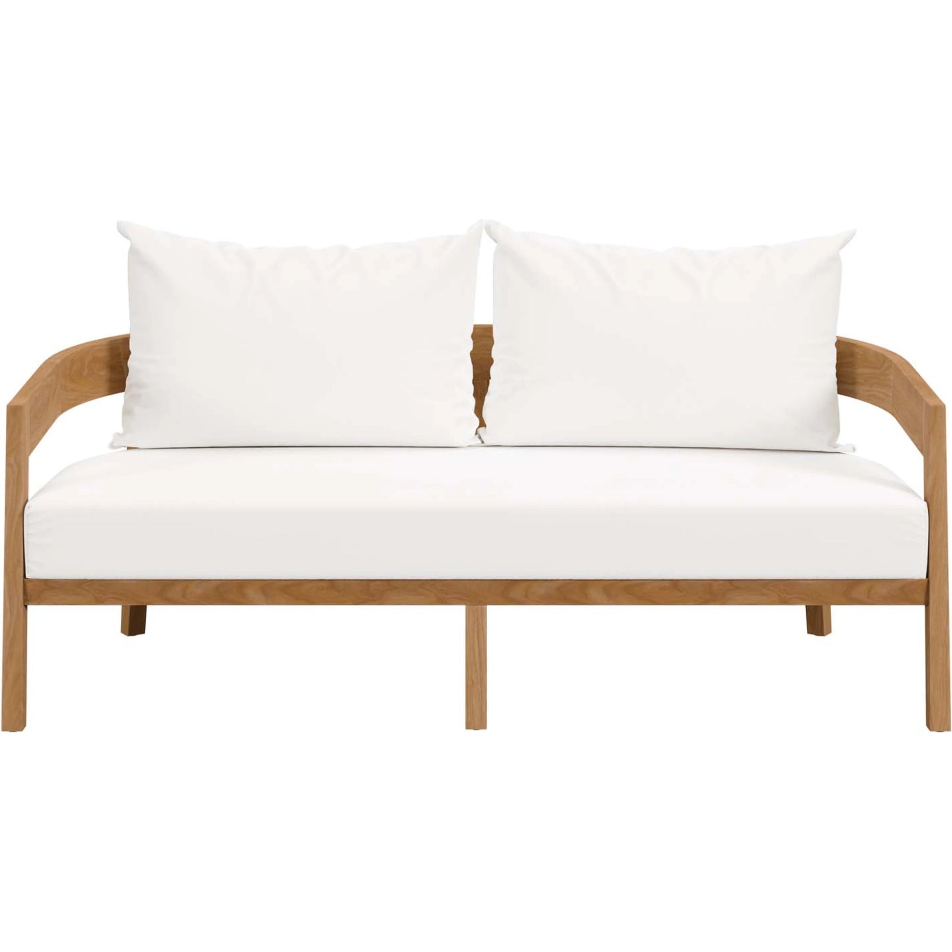 Hazelton Teak Wood Loveseat by Evans & Londeen. Made from teak wood, polyester, mesh sling, plastic tack glides, stainless steel in a modern style.
