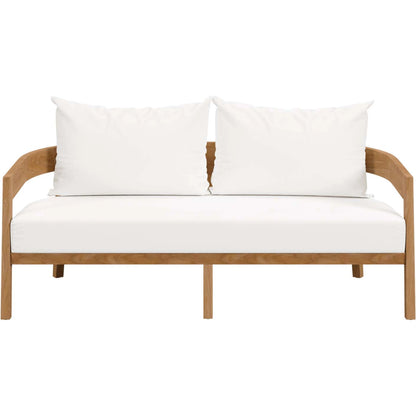 Hazelton Teak Wood Loveseat by Evans & Londeen. Made from teak wood, polyester, mesh sling, plastic tack glides, stainless steel in a modern style.