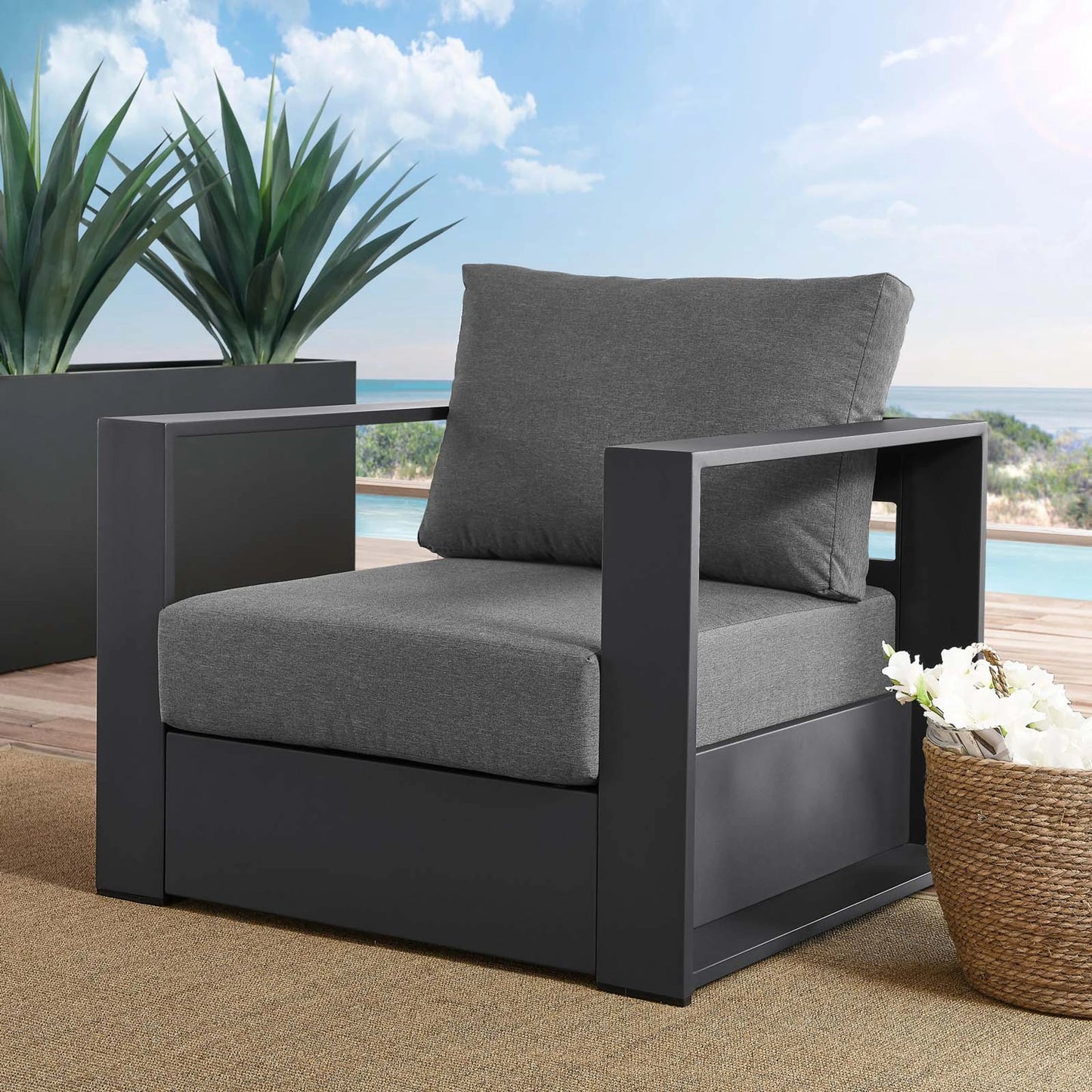 043 SI-1929648 | Lifestyle | Conejos Powder-Coated Aluminum Armchair by Evans & Londeen. Made from seat cushion: foam density, weimas grey fabric, aluminum white powder coated in a modern style.