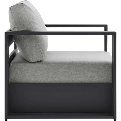 Conejos Powder-Coated Aluminum Armchair by Evans & Londeen. Made from seat cushion: foam density, weimas grey fabric, aluminum white powder coated in a modern style.